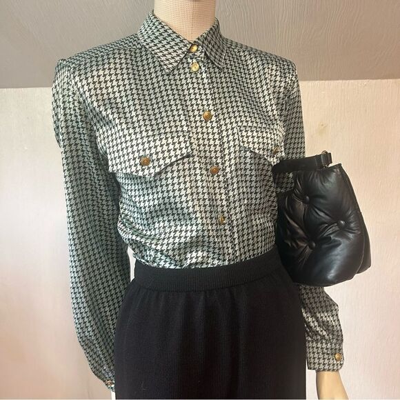 Basler Vintage Light Blue Houndstooth Satin Pajama Style Blouse Button Down Top - Picture 3 of 11